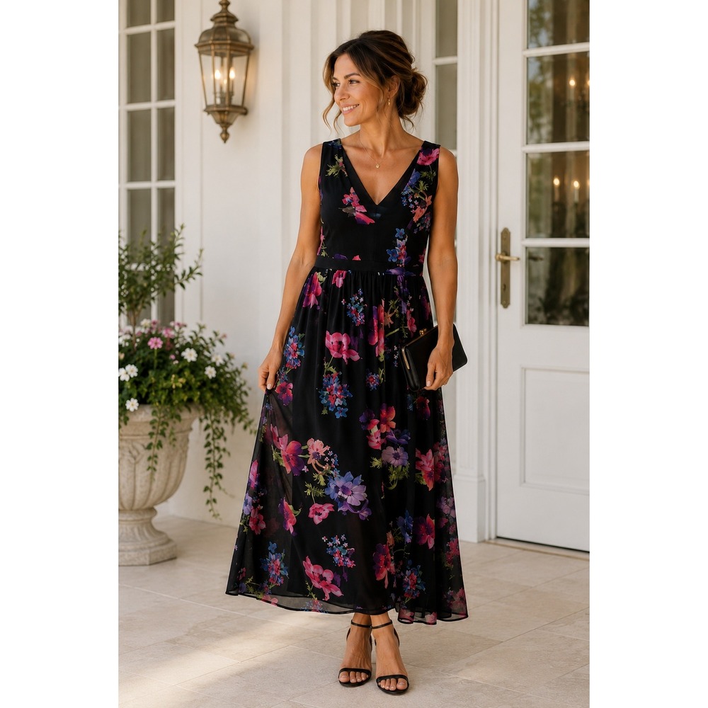 ModCloth Maxi Dress Womens Medium Black Floral V-Neck Sleeveless Chiffon Empire